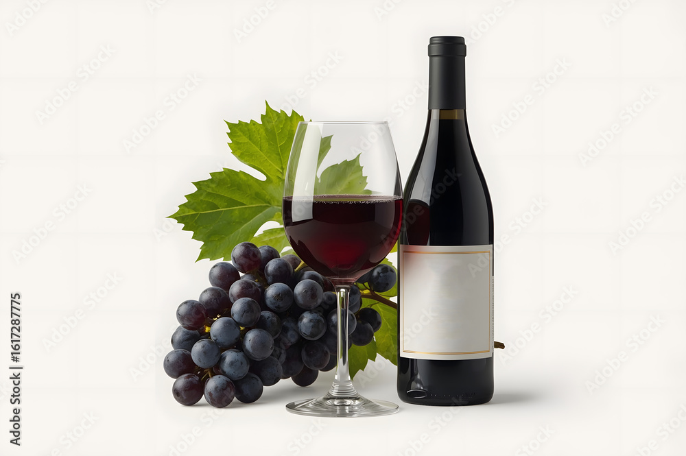 Fototapeta premium Bottle and glass of red wine, bunch of grapes with leaves isolated on a white background