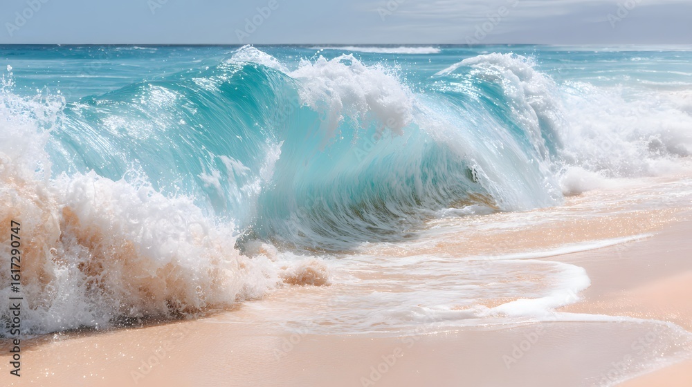 Fototapeta premium Turquoise ocean wave crashing on a sandy beach.