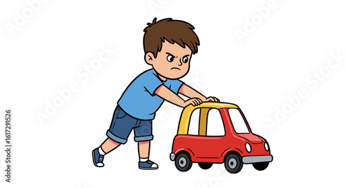 Angry boy pushing a red toy car isolated on white background concept of childhood frustration