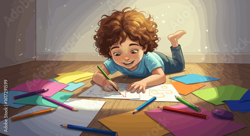 Joyful child enthusiastically drawing and coloring creative art on paper with pencils scattered around on wooden floor in a bright sunlit room