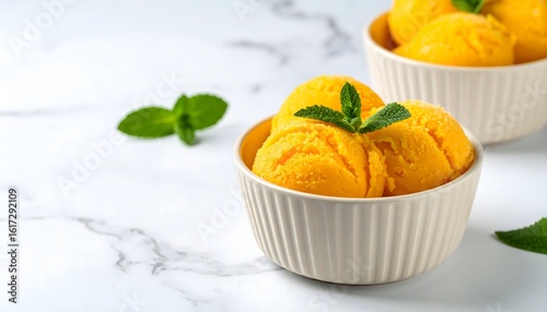 Creamy Mango Sorbet in Pastel Ceramic Bowl with Mint Garnish on Marble Slab