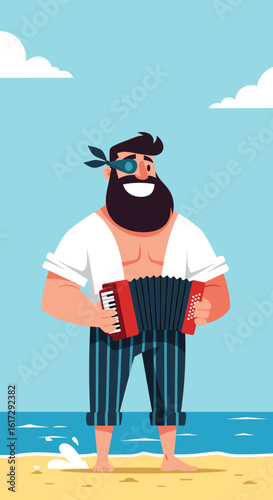 Joyful pirate with beard and eye patch playing accordion on sandy beach near ocean waves under a bright sky with fluffy clouds