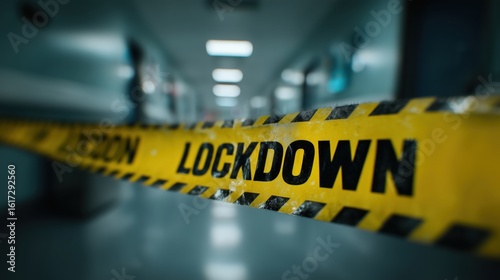 Lockdown warning tape in dark hallway, restricted access and emergency situation concept, alert symbol for health crisis, crime scene, or security lockdown