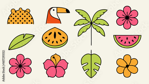 Exotic geometric tropical summer frame design with vibrant floral and leaf elements for seasonal decor