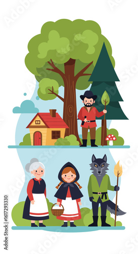 A colorful fairy tale illustration of little red riding hood meeting the wolf and huntsman in the forest