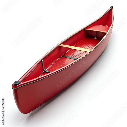 A sleek, red canoe rests on a white background, ready for a peaceful journey on the water