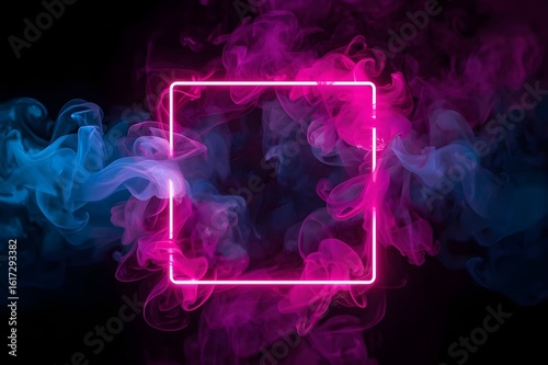 smoky background with a glowing neon geometric frame.abstract, neon, shapes,backgrounds.