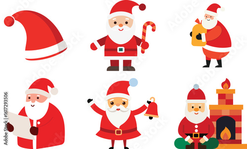 Vector art of various santa claus characters engaged in christmas activities, isolated on transparent background