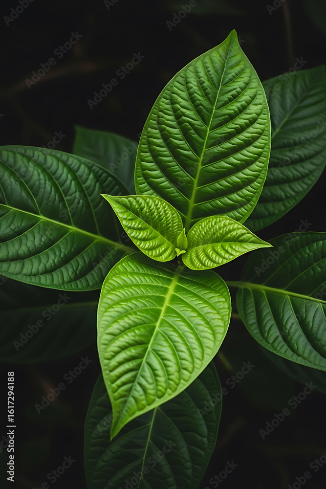 Fototapeta premium Lush Green Plant Leaves with Detailed Veins on Dark Background