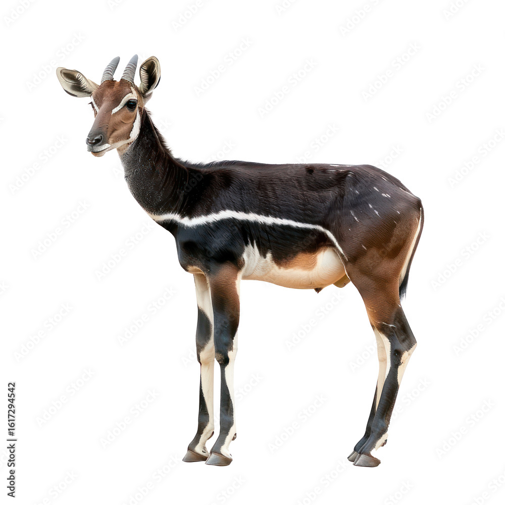 Fototapeta premium A black and white antelope standing against a transparent background.