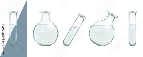Transparent test tube, water bottle for chemical analysis. 3d lab flask liquid container, chemistry laboratory isolated equipment. Pure or dirty water biologic disease research. Medical glassware jar
