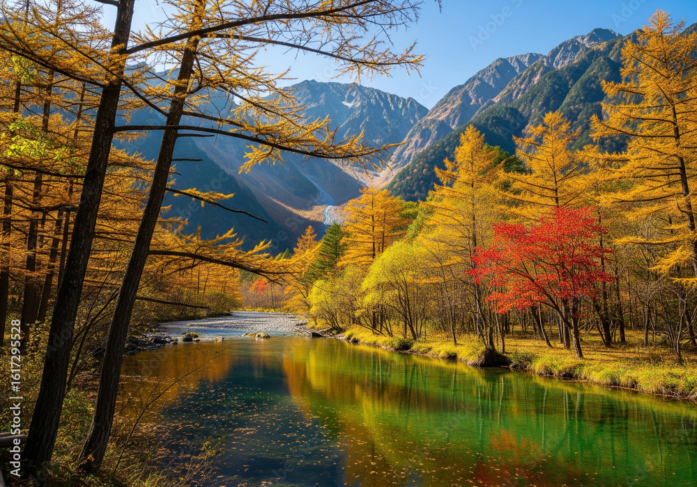 Naklejka premium Serene river reflecting the vibrant golden foliage of autumn trees, with majestic mountains rising in the background under a clear blue sky.