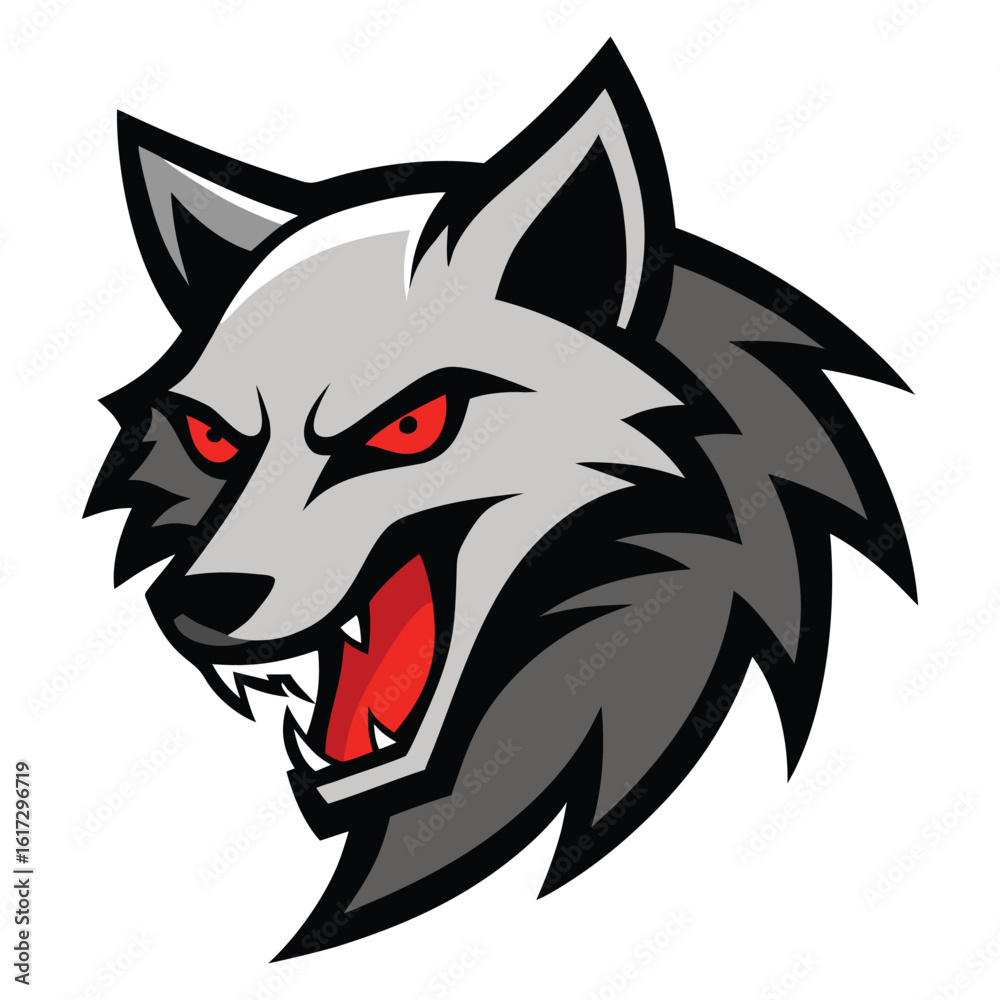 Obraz premium Fierce wolf head mascot with red eyes and open mouth
