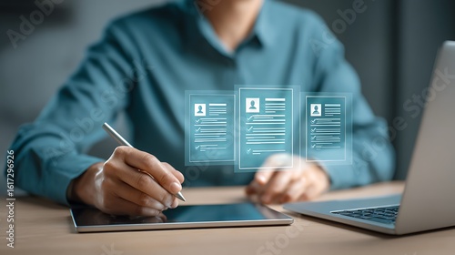 Person reviewing digital resumes on a tablet with a laptop nearby