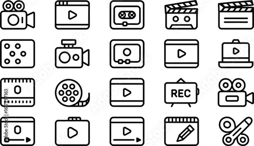 Collection of Minimalist Line Icons Representing Film Production and Video Editing on Transparent