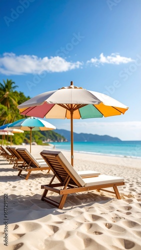 Wallpaper Mural Beach chairs and colorful umbrellas on a pristine, white-sand beach under a vibrant blue sky Torontodigital.ca