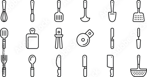 Line Art of Various Kitchen Utensils, Including Spatulas, Knives