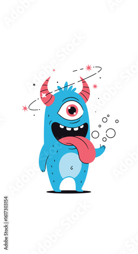 An adorable one eyed blue monster with a big tongue and horns dancing merrily in a whimsical setting