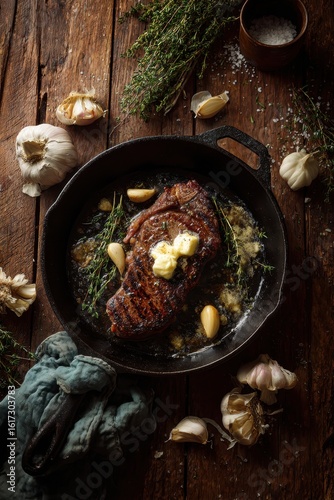 Grilled Ribeye Steak in Cast Iron Pan with Garlic and Thyme on Rustic Wooden Table