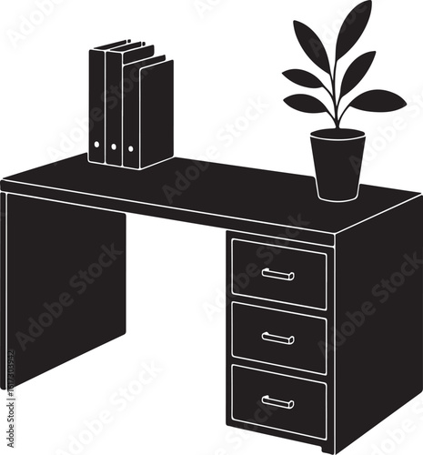 Modern office desk with plant and binders silhouette
