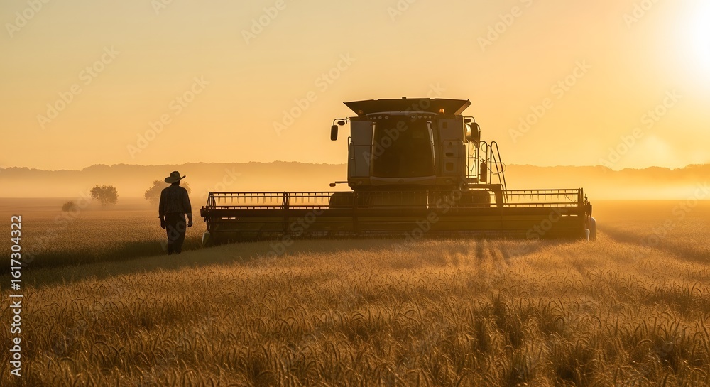Fototapeta premium Silhouette of a farmer standing in a golden wheat field next to a combine harvester during a beautiful sunrise. Concept of agriculture, farming, harvest, and food production