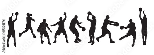 Silhouettes of Tennis Players in Action Poses on White Background.