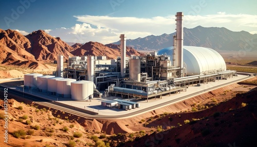 Lithium extraction plant in desert landscape, futuristic style