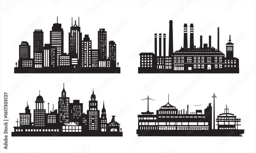 Naklejka premium City Skyline Silhouettes. Diverse Architectural Elements in Monochrome
