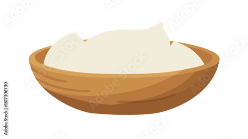 A simple illustration of a wooden bowl filled with cream or dip, isolated on white background, showcasing a cozy and aesthetic food presentation