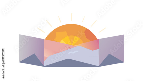 Isometric origami sun and mountain illustration on white background, representing a geometric and creative design concept for branding and marketing