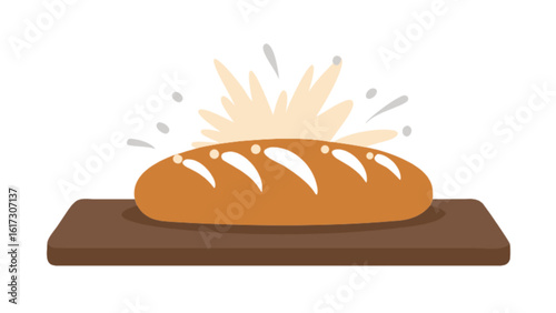 A loaf of freshly baked bread on a cutting board, isolated on white background, with a burst of steam or flour, symbolizing its freshness and deliciousness