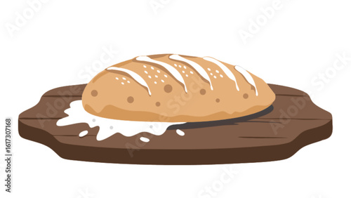 A freshly baked loaf of rustic bread sits on a wooden cutting board, isolated on white background, showcasing its delicious crust and wholesome grains