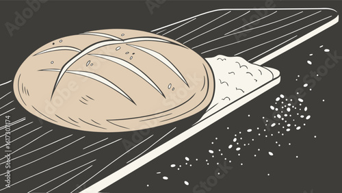 A rustic loaf of freshly baked bread rests on a wooden cutting board, showcasing its delicious crust and wholesome grains in a vintage illustration style