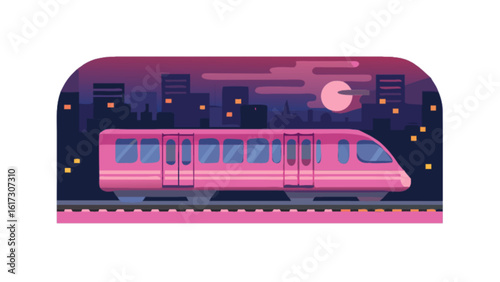 A pink train is traveling through the city at night under the moonlight, creating a modern and aesthetic urban scene