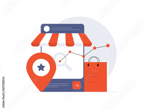 Local e-commerce analytics with store location targeting and customer engagement metrics. Retail seo business sales optimization, local e-commerce analytics drives small business growth illustration