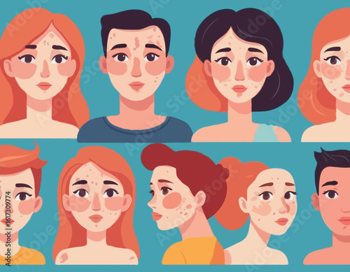 People with skin diseases. Set of characters with acne, dermatitis, eczema or psoriasis on body. Man and woman treat dermis for inflammation and redness. Cartoon flat vector illustration .