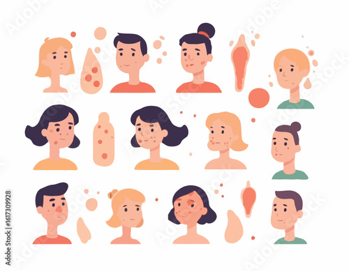 People with skin diseases. Set of characters with acne, dermatitis, eczema or psoriasis on body. Man and woman treat dermis for inflammation and redness. Cartoon flat vector illustration .