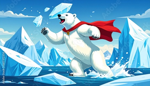 Heroic Polar Bear Superhero In Red Cape Smashes Icebergs With Dynamic Action And Vibrant Colors
