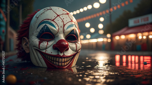 Creepy clown mask with blood splatter in a dark carnival setting