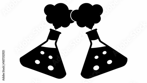 Two conical flasks filled with liquid and emitting smoke suggesting a chemical reaction or experiment ongoing silhouette