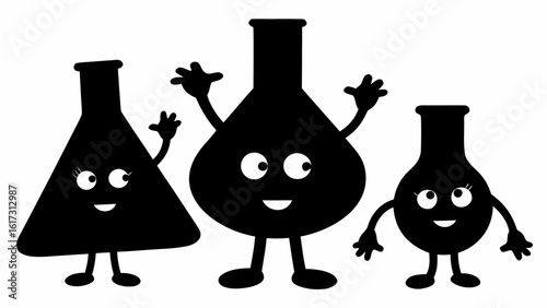 Three cartoon flasks with faces and limbs stand together in a simple black and white illustration style silhouette