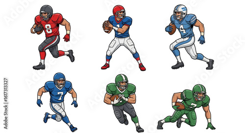Six cartoon football players in different team uniforms running, throwing, and posing against a white background.