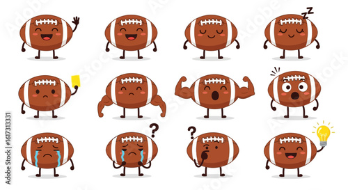 Cartoon American football characters displaying various emotions and actions, including waving, flexing, crying, and holding a lightbulb and yellow card.