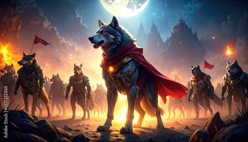 Wolf Superhero Leading Pack With Telepathic Howl Under Fiery Night Sky with Wolves in Armor and Dramatic Lighting