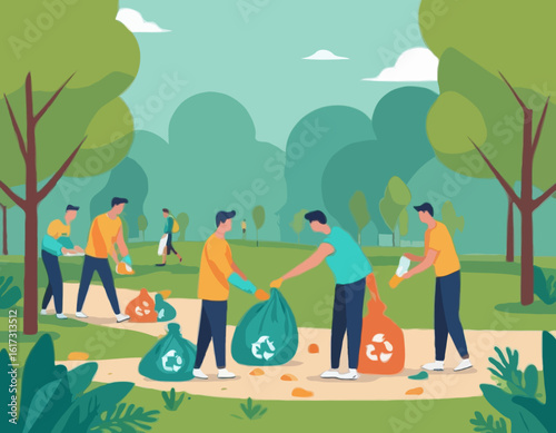 Volunteers pick trash. Men collecting trash in park. Caring for ecology and environment. Plastic garbage in forest. Eco activities clear nature of garbage. Flat vector .