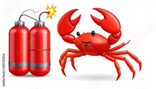 Animated Red Crab Superhero Disarming Explosive Bombs With Robotic Pincers On White Background