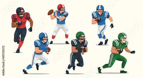 A group of diverse American football players in various poses, wearing different colored uniforms, running and throwing the ball.
