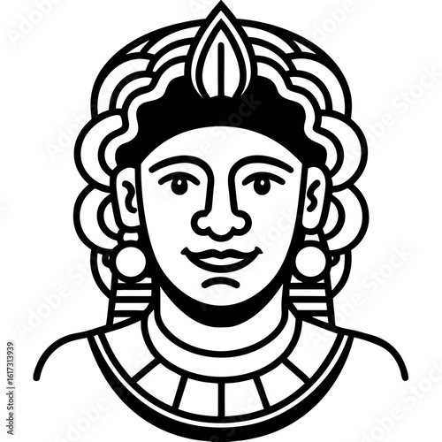 Stylized portrait of a woman with elaborate headdress and jewelry