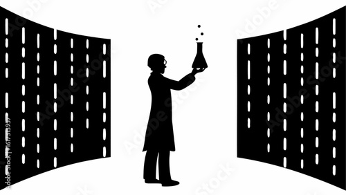 Silhouette of scientist holding a flask with bubbles in a lab with patterned walls on either side
