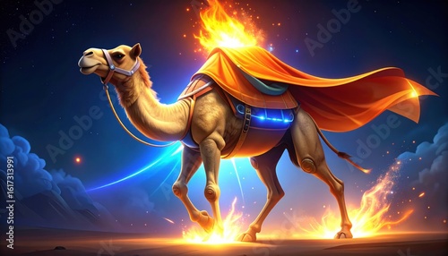 Camel Superhero with Flaming Mane and Glowing Energy in a Starry Night Sky